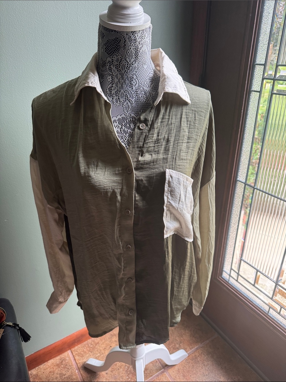 Miou Muse Olive Green and Cream Lightweight Satin Button-Up Shirt
